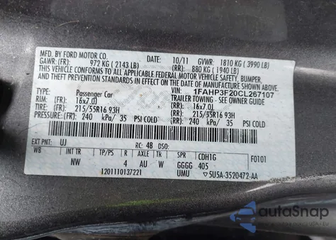 2012 Ford Focus Se z USA, uszkodzony, nr VIN 1FAHP3F20CL267107